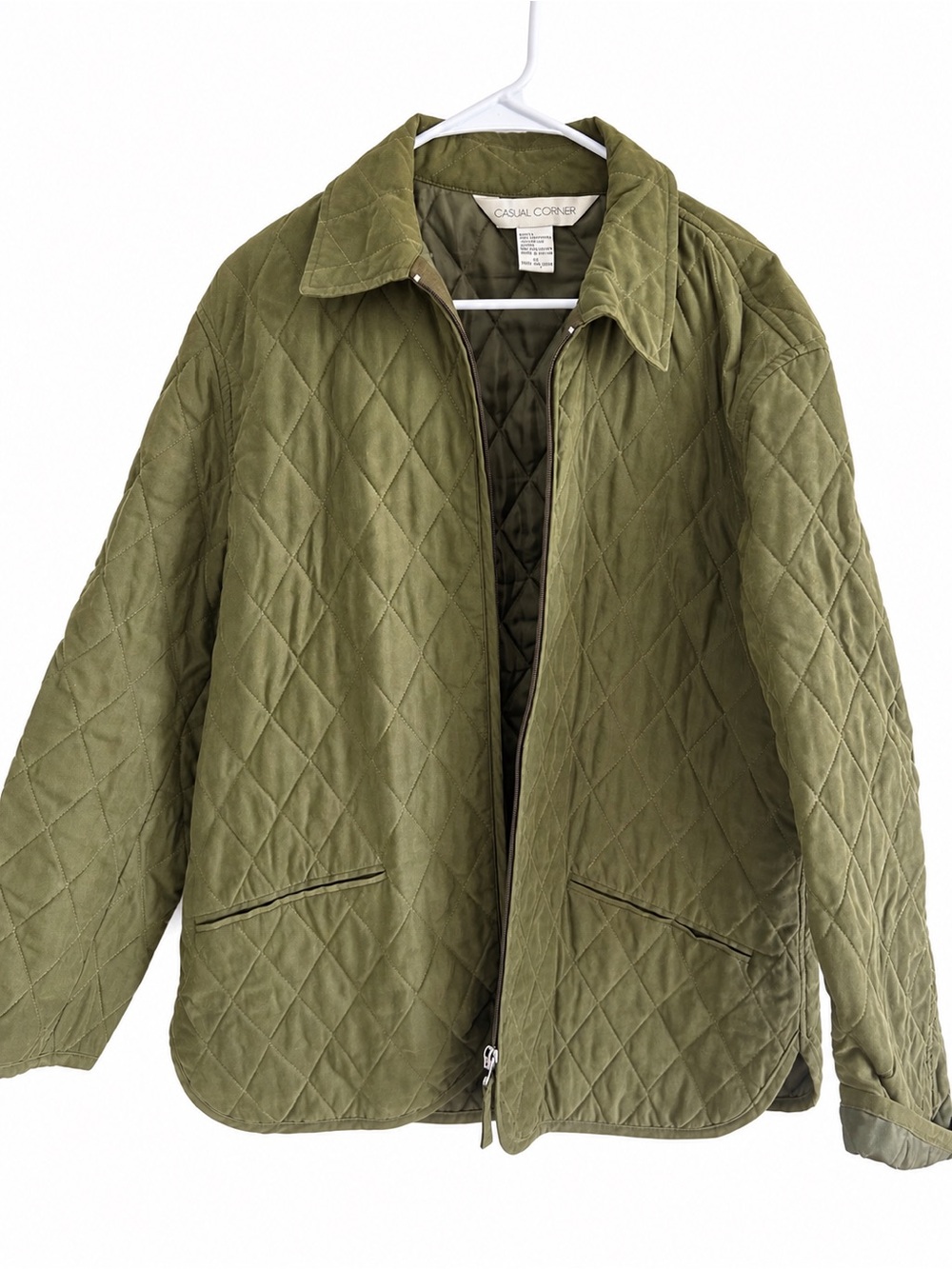 Casual Corner Quilted Olive Green Zip-Front Shirt Jacket